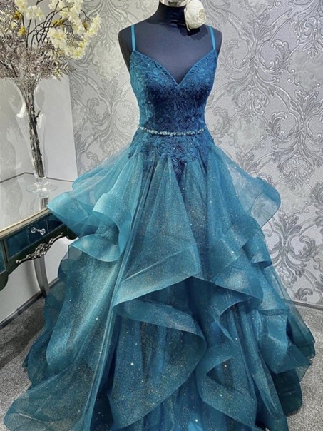 A-Line Lace and Tulle Long Prom Dresses Formal Evening Gowns 901064