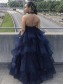 A-Line Lace and Tulle Long Navy Blue Prom Dresses Formal Evening Gowns 901065