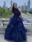 A-Line Lace and Tulle Long Navy Blue Prom Dresses Formal Evening Gowns 901065