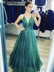 A-Line Sparkle Tulle Long Green Prom Dresses Formal Evening Gowns 901066
