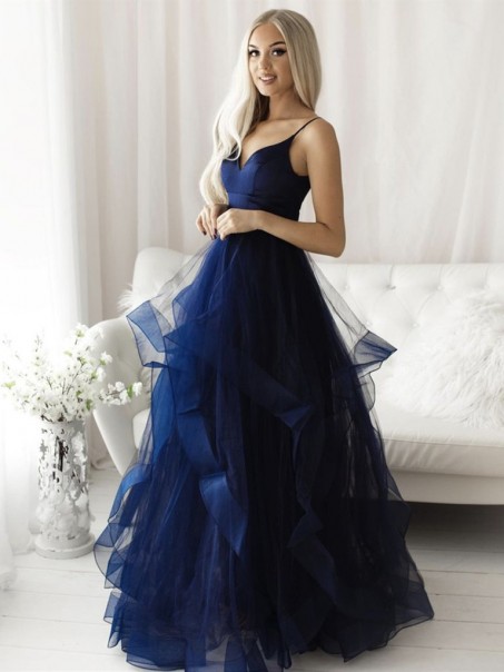 A-Line Navy Blue Long Tulle Prom Dresses Formal Evening Gowns 901068