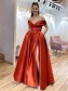 A-Line Long Off the Shoulder Satin Prom Dresses Formal Evening Gowns with Pockets 901069