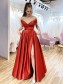 A-Line Long Off the Shoulder Satin Prom Dresses Formal Evening Gowns with Pockets 901069