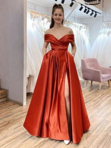 A-Line Long Off the Shoulder Satin Prom Dresses Formal Evening Gowns with Pockets 901069 A-Line Long Off the Shoulder Satin Prom Dresses Formal Evening Gowns with Pockets 901069
