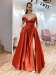 A-Line Long Off the Shoulder Satin Prom Dresses Formal Evening Gowns with Pockets 901069