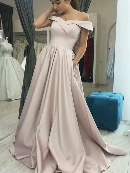 A-Line Off the Shoulder Long Satin Prom Dresses Formal Evening Gowns 901072