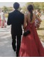 A-Line Red V Neck Long Prom Dresses Formal Evening Gowns 901074