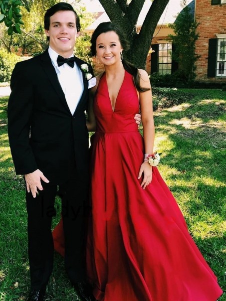 A-Line Red V Neck Long Prom Dresses Formal Evening Gowns 901074