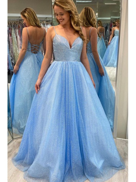 Long Blue Sparkle Tulle Prom Dresses Formal Evening Gowns 901079