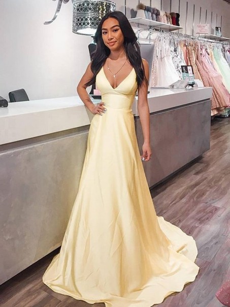 Long Yellow V Neck Prom Dresses Formal Evening Gowns 901080