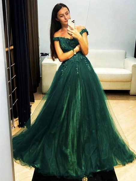 A-Line Lace and Tulle Beaded Long Prom Dresses Formal Evening Gowns 901081