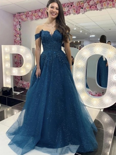 A-Line Long Blue Sparkle Tulle and Lace Prom Dresses Formal Evening Gowns 901082