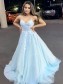 A-Line Long Blue Lace Prom Dresses Formal Evening Gowns 901084