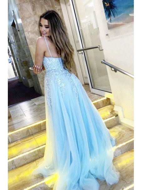 A-Line Long Blue Lace Prom Dresses Formal Evening Gowns 901084