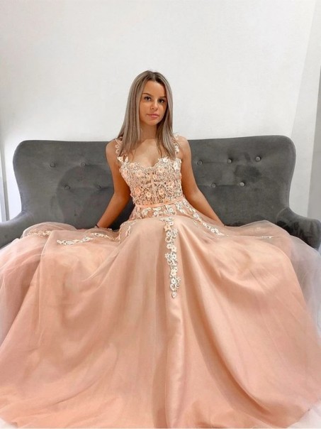 A-Line Lace Long Prom Dresses Formal Evening Gowns 901086