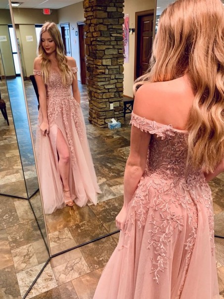 A-Line Off the Shoulder Lace Long Prom Dresses Formal Evening Gowns 901091