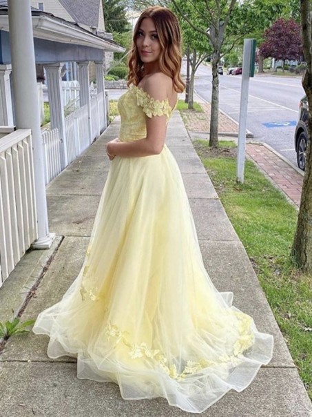 A-Line Off the Shoulder Lace Yellow Long Prom Dresses Formal Evening Gowns 901093