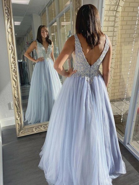A-Line Lace and Tulle Long Prom Dresses Formal Evening Gowns 901098