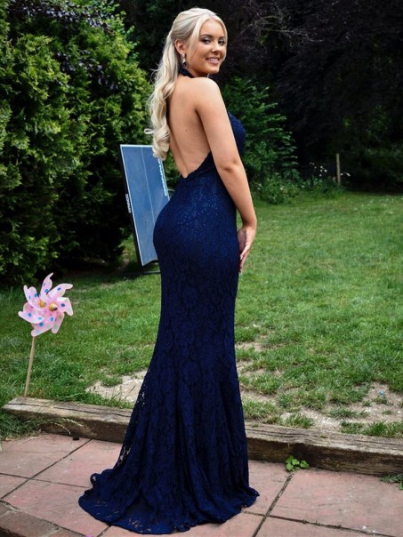 Elegant Long Blue Lace Mermaid Prom Dresses Formal Evening Gowns 901101