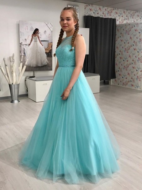 A-Line Long Blue Beaded Prom Dresses Formal Evening Gowns 901103