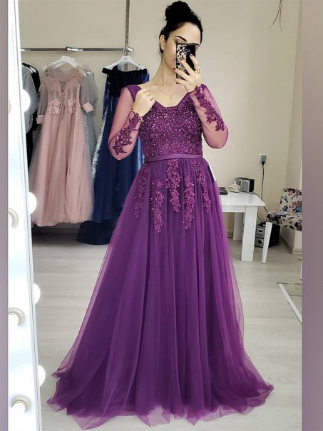A-Line Long Purple Lace Long Sleeves Prom Dresses Formal Evening Gowns 901105