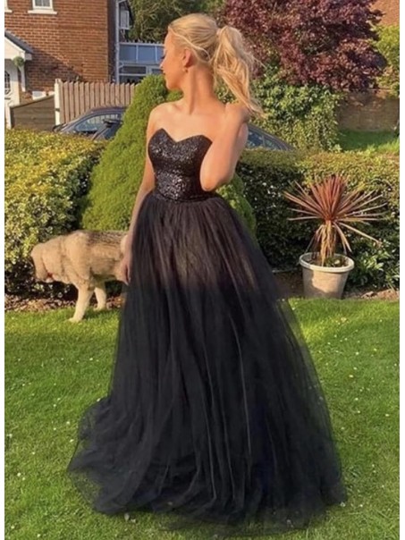 Long Black Sequins and Tulle Prom Dresses Formal Evening Gowns 901106