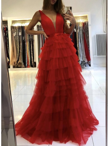 Long Red Tulle Prom Dresses Formal Evening Gowns 901107