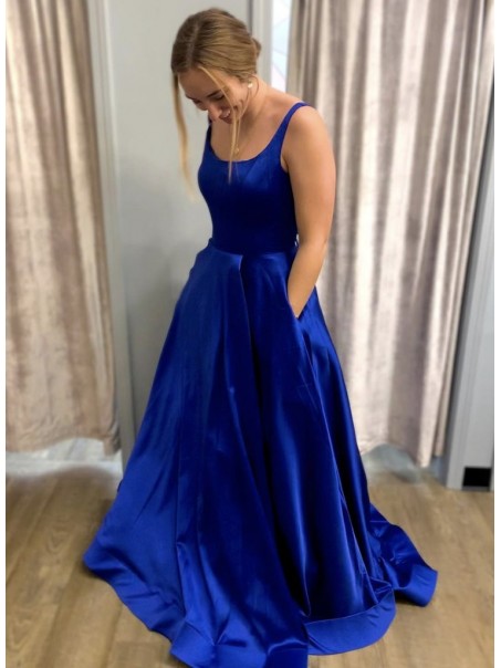 Long Blue Satin Prom Dresses Formal Evening Gowns 901108