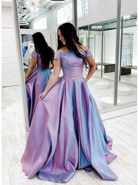 A-Line Off the Shoulder Two Pieces Long Prom Dresses Formal Evening Gowns 901110