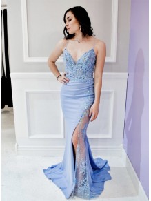 Mermaid Lace Spaghetti Straps Long Prom Dresses Formal Evening Gowns 901111