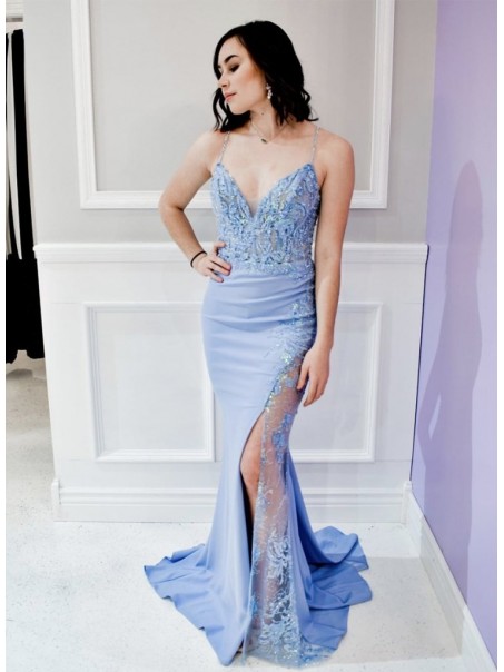 Mermaid Lace Spaghetti Straps Long Prom Dresses Formal Evening Gowns 901111