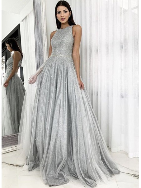 A-Line Sparkle Tulle Long Prom Dresses Formal Evening Gowns 901112