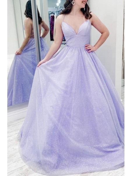 A-Line Sparkle Tulle Lavender Long Prom Dresses Formal Evening Gowns 901113