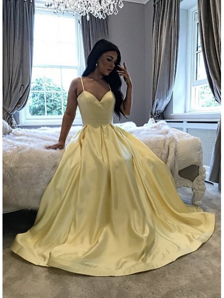 Long Yellow Spaghetti Straps Long Prom Dresses Formal Evening Gowns 901115