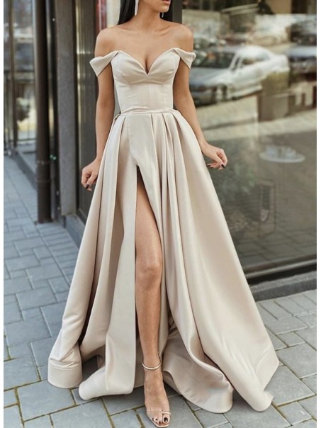 A-Line Off the Shoulder Long Prom Dresses Formal Evening Gowns 901116
