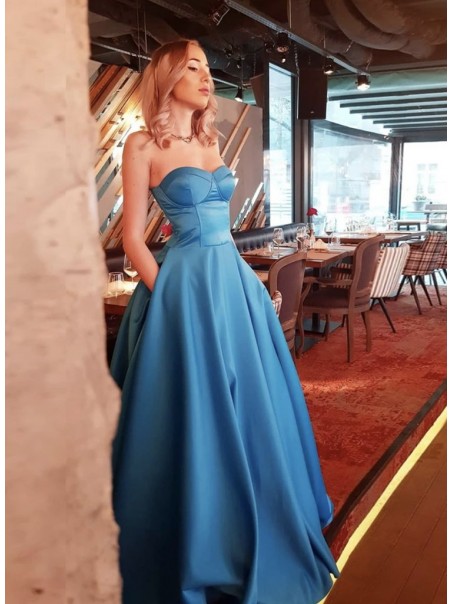 A-Line Strapless Long Prom Dresses Formal Evening Gowns 901117