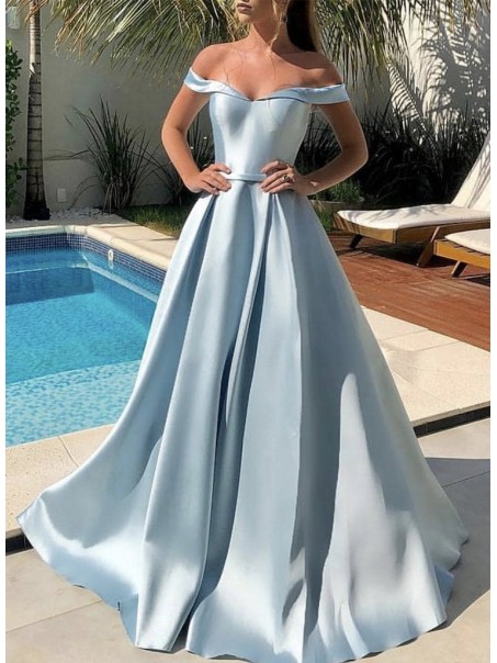 A-Line Off the Shoulder Satin Long Prom Dresses Formal Evening Gowns 901121