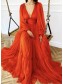 A-Line Long Sleeves V Neck Long Prom Dresses Formal Evening Gowns 901122