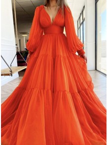 A-Line Long Sleeves V Neck Long Prom Dresses Formal Evening Gowns 901122 A-Line Long Sleeves V Neck Long Prom Dresses Formal Evening Gowns 901122