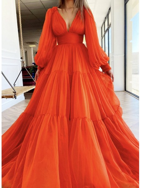 A-Line Long Sleeves V Neck Long Prom Dresses Formal Evening Gowns 901122