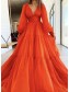 A-Line Long Sleeves V Neck Long Prom Dresses Formal Evening Gowns 901122