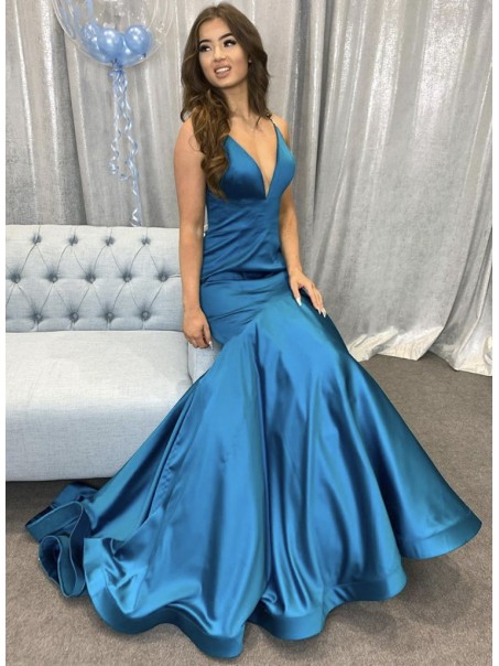 Mermaid Long Blue V Neck Prom Dresses Formal Evening Gowns 901123