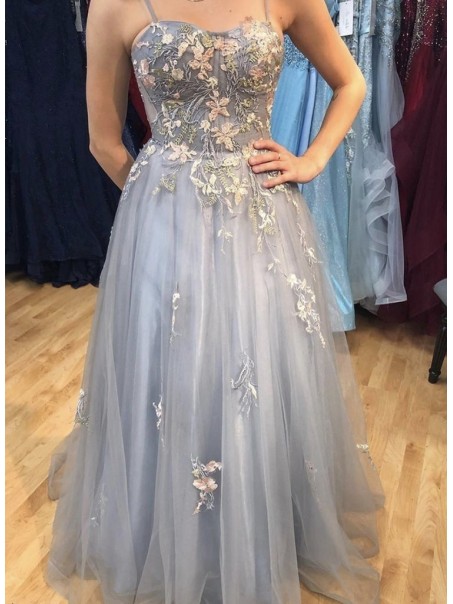 A-Line Tulle Lace Long Prom Dresses Formal Evening Gowns 901124