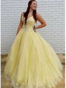 Long Yellow Tulle Beaded Prom Dresses Formal Evening Gowns 901125 Long Yellow Tulle Beaded Prom Dresses Formal Evening Gowns 901125
