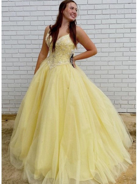 Long Yellow Tulle Beaded Prom Dresses Formal Evening Gowns 901125