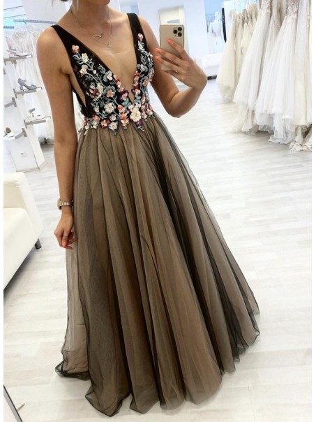 A-Line Tulle Lace Long Prom Dresses Formal Evening Gowns 901127