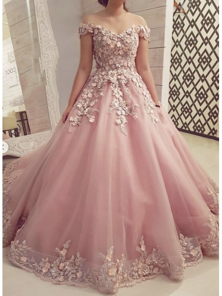 A-Line Off the Shoulder Lace Long Prom Dresses Formal Evening Gowns 901130