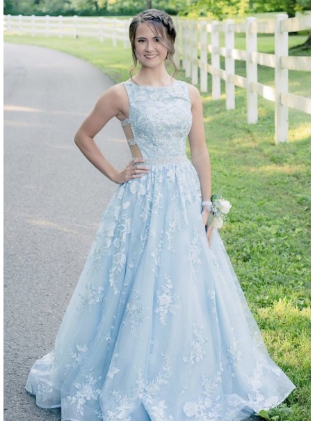 A-Line Long Blue Lace Prom Dresses Formal Evening Gowns 901131