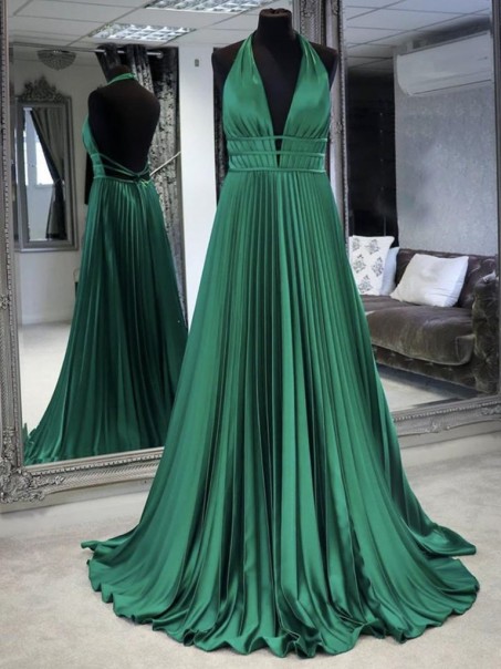 A-Line Long Green V Neck Prom Dresses Formal Evening Gowns 901133