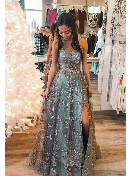 A-Line Lace Long Prom Dresses Formal Evening Gowns 901134